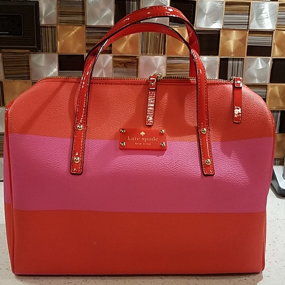 Red and pink large striped Kate Spade handbag